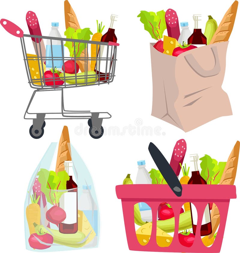 Un carrito de compras completo. tienda, supermercado. un conjunto de  productos frescos, saludables y naturales. ilustración de vector sobre  fondo blanco.