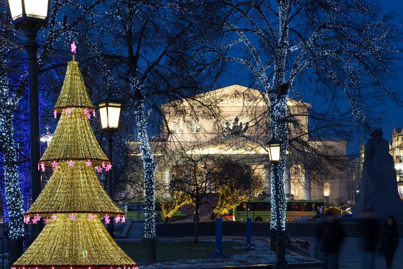 Bolshoi Theatre at night, lighted during christmas. Moscow