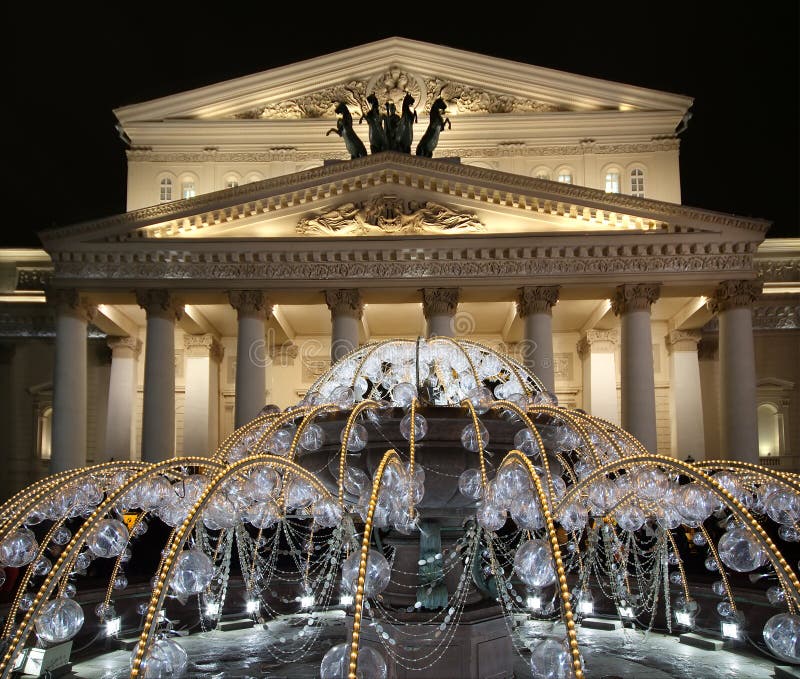 Bolshoi Theatre(Large, Great or Grand Theatre, also spelled Bolshoy) at night in Moscow, Russia, seen behind the fountain, lighted during christmas. Bolshoi Theatre(Large, Great or Grand Theatre, also spelled Bolshoy) at night in Moscow, Russia, seen behind the fountain, lighted during christmas