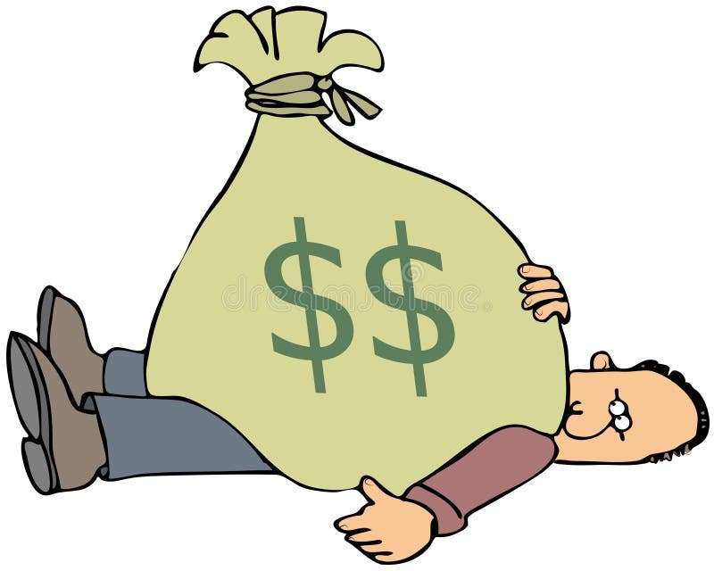 This illustration depicts a man trapped under a large money bag. This illustration depicts a man trapped under a large money bag.