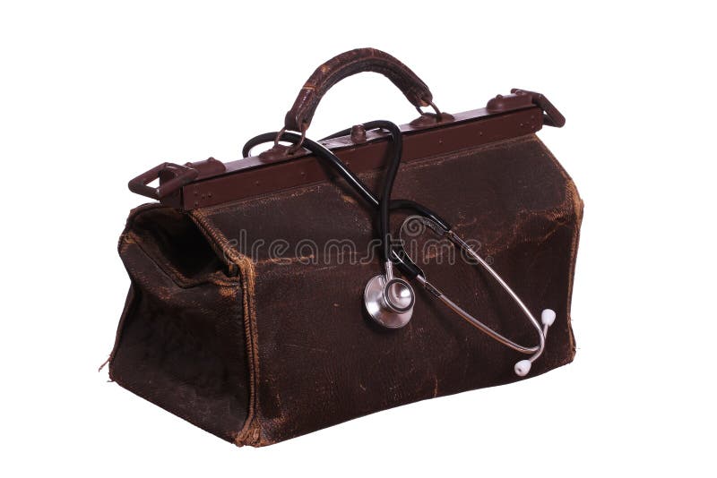 Old bag with stethoscope on white background. Old bag with stethoscope on white background