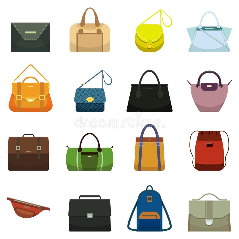Bolsos de cuero femeninos y accesorio masculino Accesorios coloridos del bolso, bolsos de la belleza y vector modelo de la colecc stock de ilustración