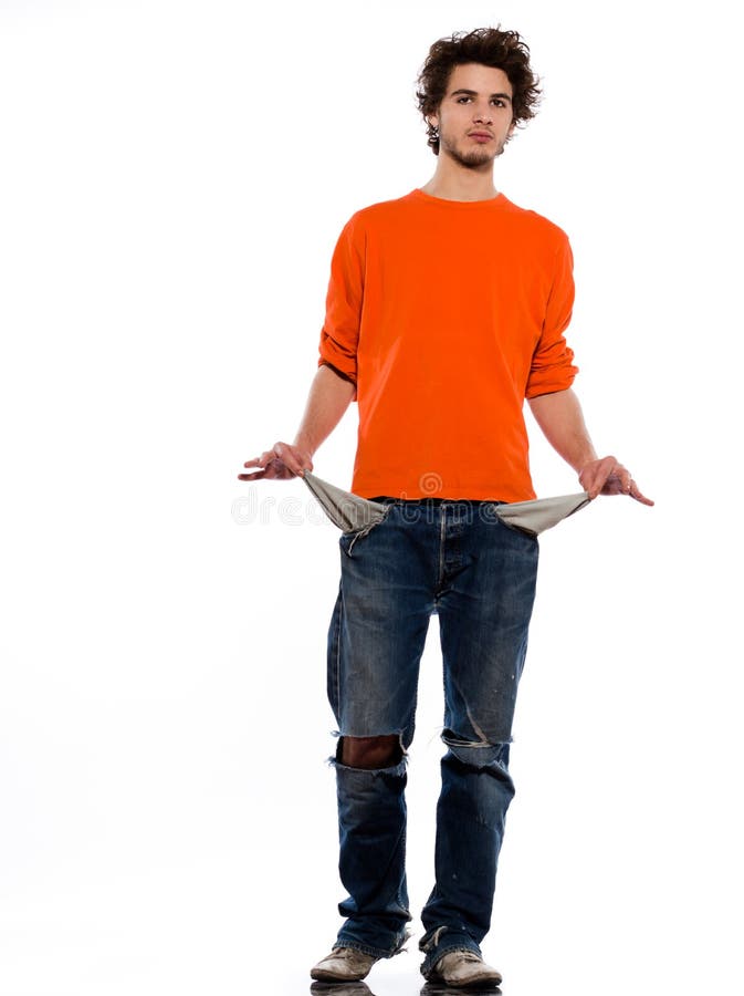 Bolsos vazios da actuação insatisfatória do homem novo fotografia de stock Bolsos vazios da actuação insatisfatória do homem novo fotografia de stock