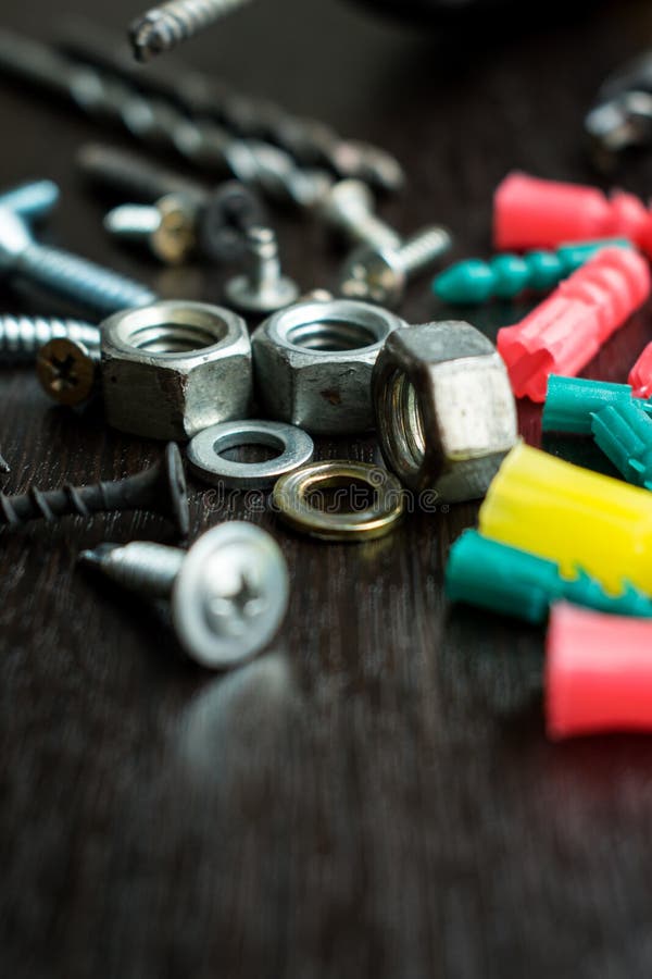 Bolts and Screws on a Wooden Table Stock Image Image of machine