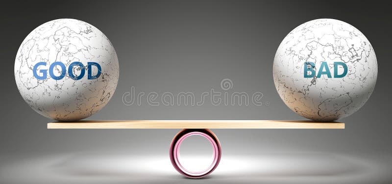 Bom e mau em equilíbrio - retratado como bolas equilibradas em escala que simbolizam harmonia e equidade entre Bom e mau que é bo ilustração stock Bom e mau em equilíbrio - retratado como bolas equilibradas em escala que simbolizam harmonia e equidade entre Bom e mau que é bo ilustração stock