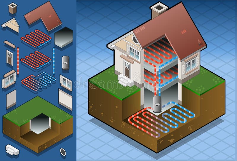 Diagrama de bomba de calor geotérmica/aquecimento por piso radiante ilustração do vetor