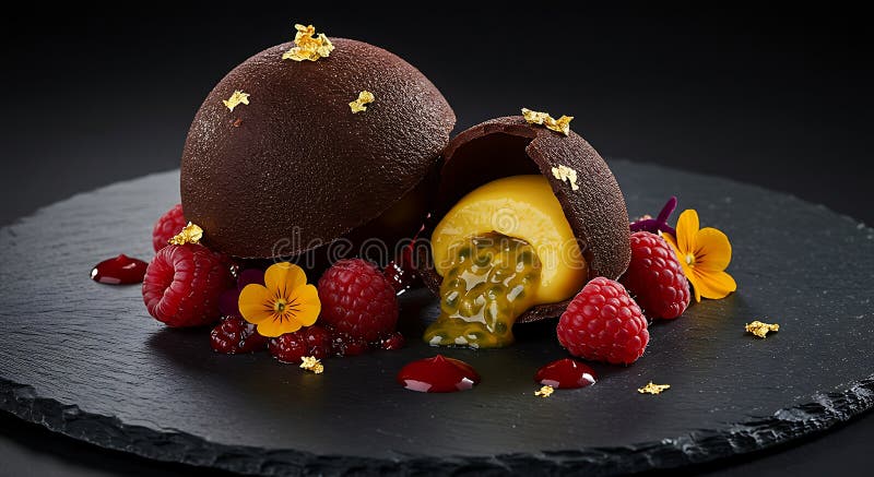 Bomba de chocolate gourmet com maracujá e folha de ouro ilustração royalty free