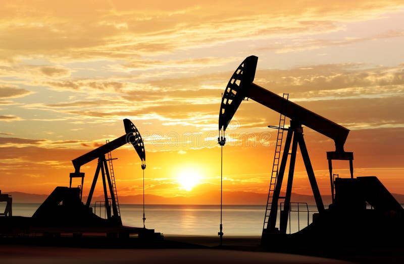 Bombas de petróleo en la ilustración de la hierba verde imágenes de archivo libres de regalías