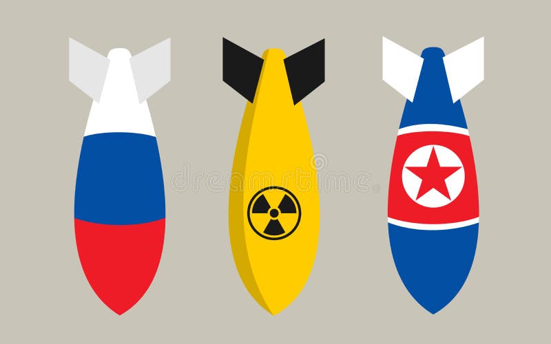 Flat design vector of falling bombs in colors of Russia, North Korea. Armed intervention and military attack by using rockets and missiles during bombardment. Danger and threat of nuclear attack. Flat design vector of falling bombs in colors of Russia, North Korea. Armed intervention and military attack by using rockets and missiles during bombardment. Danger and threat of nuclear attack