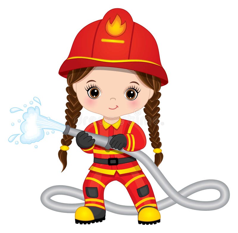 Bombero linda niñita con manguera de incendios