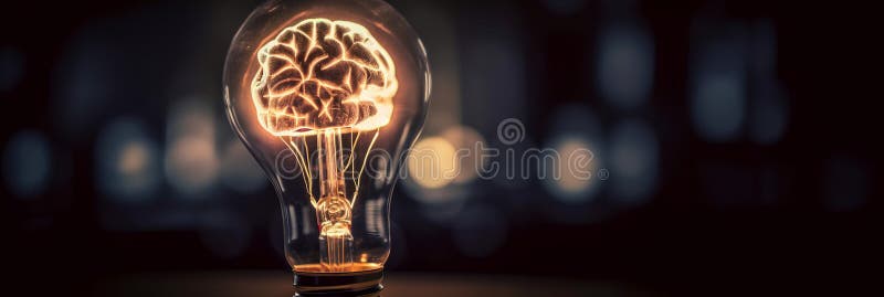 Generated with the use of AI. Light bulb with shape of human brain inside lighting. Creative concept of idea and innovation. Generative AI. Generated with the use of AI. Light bulb with shape of human brain inside lighting. Creative concept of idea and innovation. Generative AI