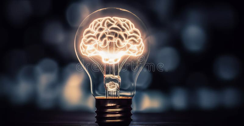 Generated with the use of AI. Light bulb with shape of human brain inside lighting. Creative concept of idea and innovation. Generative AI. Generated with the use of AI. Light bulb with shape of human brain inside lighting. Creative concept of idea and innovation. Generative AI