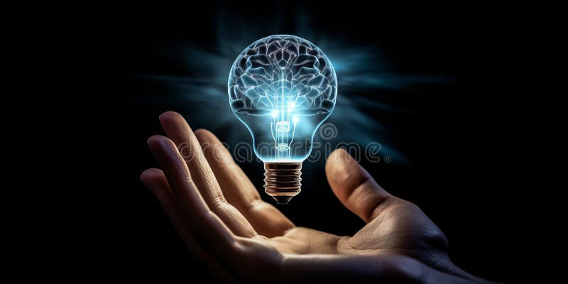 Generated with the use of AI. Lightbulb with shape of human brain inside lighting is floating above hand. concept of creative idea & innovation. Generative AI. Generated with the use of AI. Lightbulb with shape of human brain inside lighting is floating above hand. concept of creative idea & innovation. Generative AI