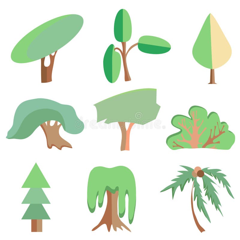 Bomen, palm, eik, sparren, struik, symbolische wilg, stock illustratie Bomen, palm, eik, sparren, struik, symbolische wilg, stock illustratie