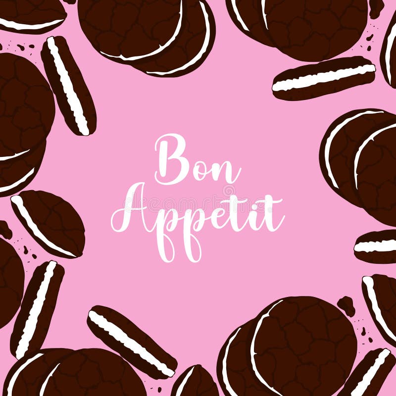 Bon Appetit Banner , Chocolate Cookie, Pink Background. Stock Vector
