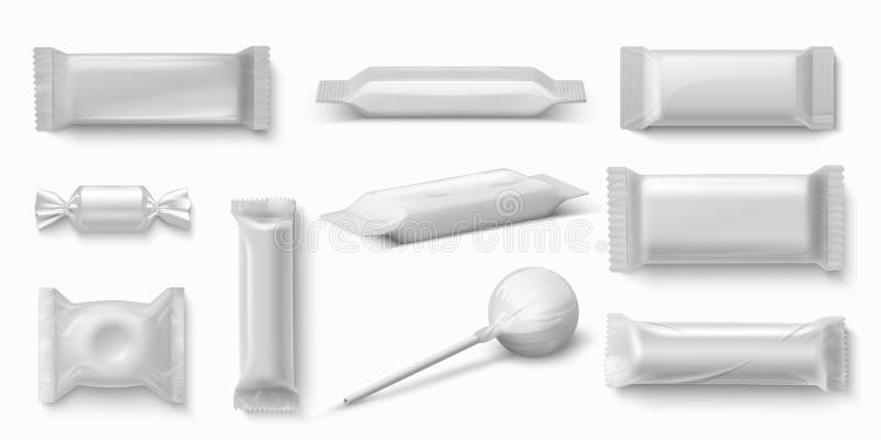 Bonbonpaket. realistische Schokoriegel- und Karamellsüßigkeiten. Sammlung der leeren weißen Verpackungsgestaltung. Verpackung des stock abbildung