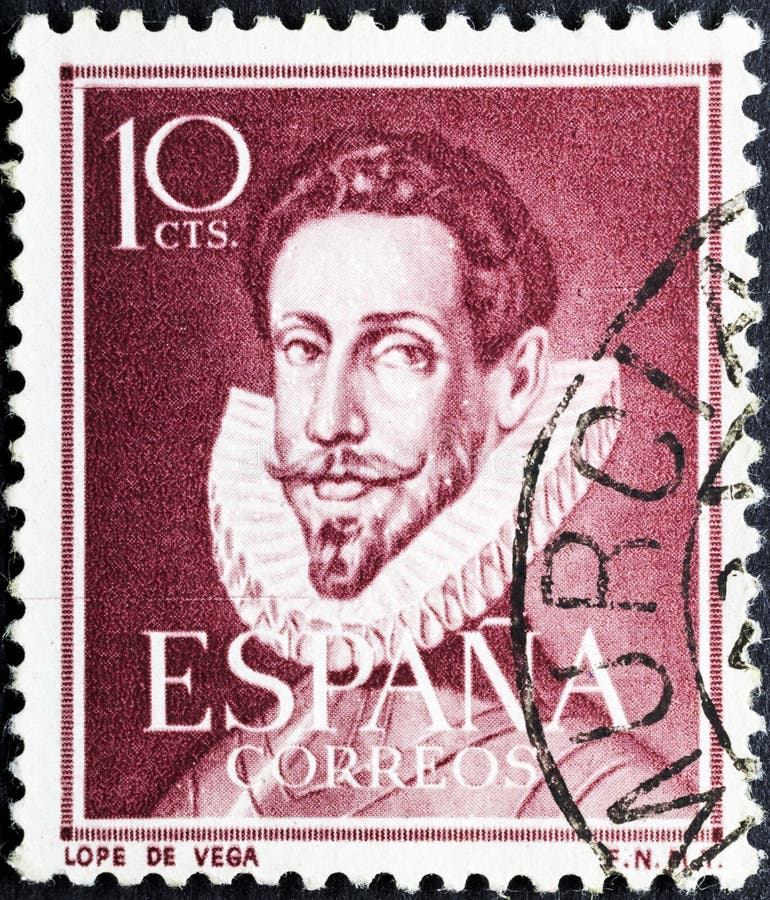 MADRID, SPAIN - MAY 9, 2020. Vintage stamp printed in Spain shows Lope de Vega, a  Spanish playwright, poet, novelist and marine. One of the key figures in the Spanish Golden Age of Baroque literature. MADRID, SPAIN - MAY 9, 2020. Vintage stamp printed in Spain shows Lope de Vega, a  Spanish playwright, poet, novelist and marine. One of the key figures in the Spanish Golden Age of Baroque literature