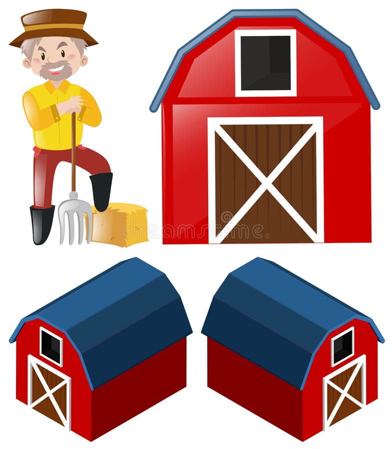 Farmer and three angles of barns illustration. Farmer and three angles of barns illustration