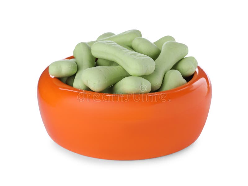 Bone Shaped Dog Cookies in Feeding Bowl Isolated on White Stock Image