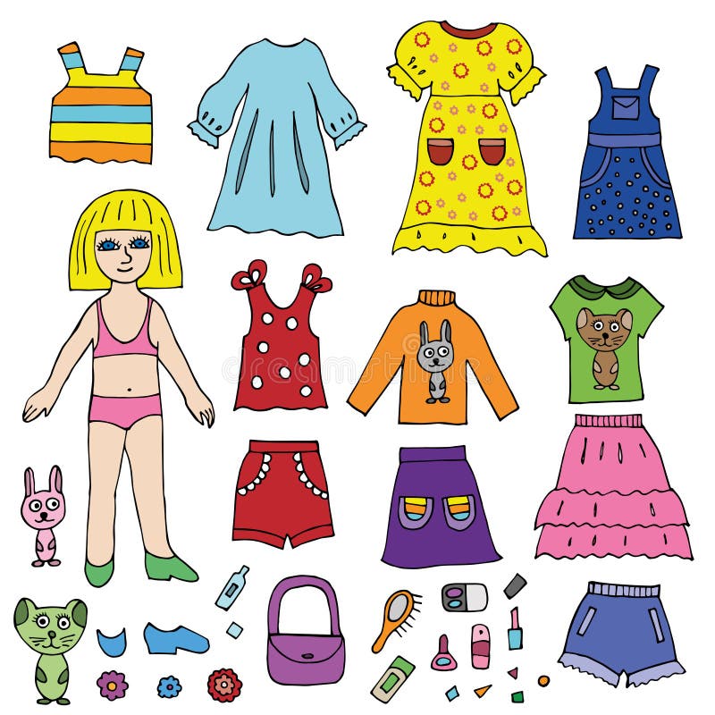 Coleção de roupas de boneca de papel linda garotinha afro para aplicativos  da web imprimir recortes ilustração vetorial de design de jogos para  crianças