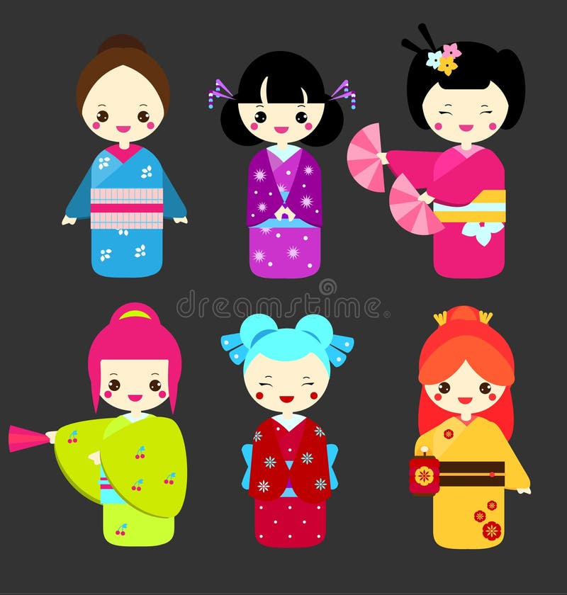 Kawaii Pequenas Bonecas Kokeshi Tradicionais Meninas Japonesas Quimono  Ilustrações Vetoriais imagem vetorial de arizona--dream© 439552022