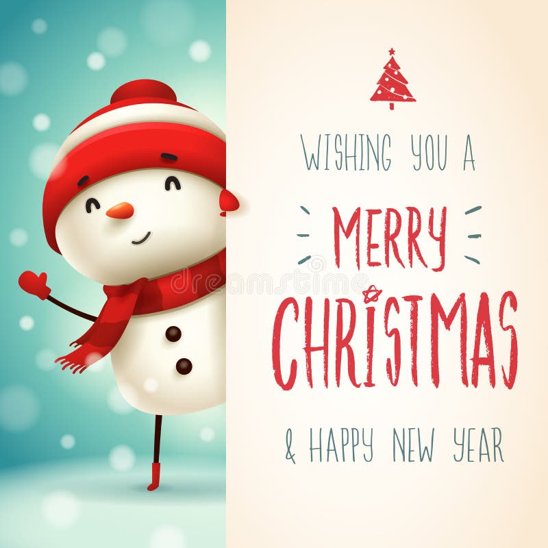 Boneco de neve alegre com quadro indicador grande Projeto de rotulação da caligrafia do Feliz Natal ilustração stock Boneco de neve alegre com quadro indicador grande Projeto de rotulação da caligrafia do Feliz Natal ilustração stock