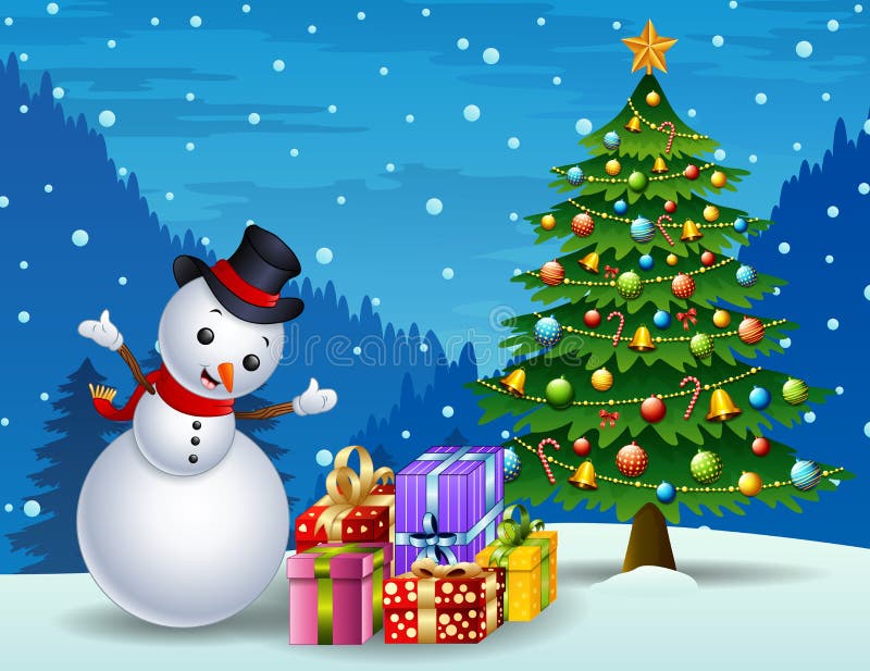 Boneco de neve com árvore de Natal e caixas de presente no fundo da noite ilustração stock Boneco de neve com árvore de Natal e caixas de presente no fundo da noite ilustração stock