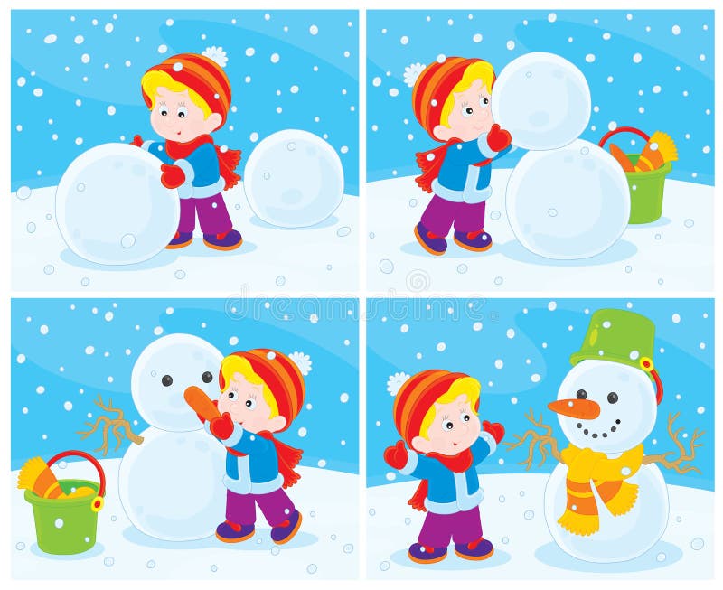 Small boy sculpts a funny snowman. Small boy sculpts a funny snowman