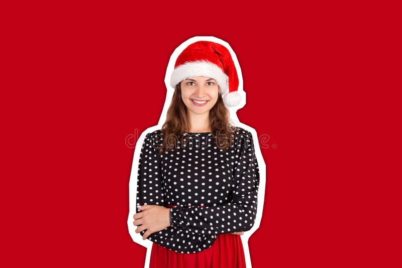 Bonita e sorridente modelo feminino em vestido moça emocional em santa claus christmas que revistam estilo de colagem com cores m fotografia de stock royalty free Bonita e sorridente modelo feminino em vestido moça emocional em santa claus christmas que revistam estilo de colagem com cores m fotografia de stock royalty free
