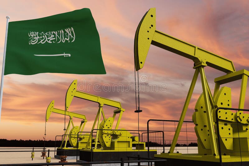 Bonita extracción de aceite de calabaza y cielo nublado al atardecer con la bandera de arabia saudí