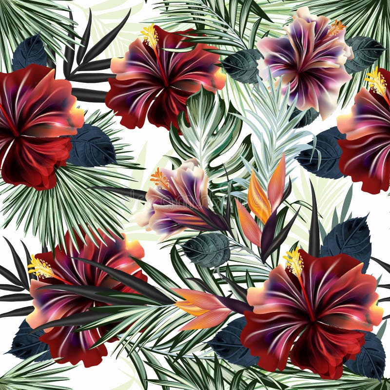 Bonito patrÃ³n tropical con hojas de palma verdes y flores de hibisco, ideal para la tela
