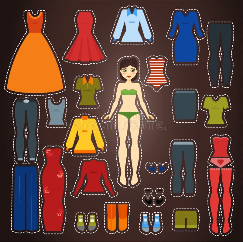 Ilustração colorida de boneca de papel jogo de vestir para