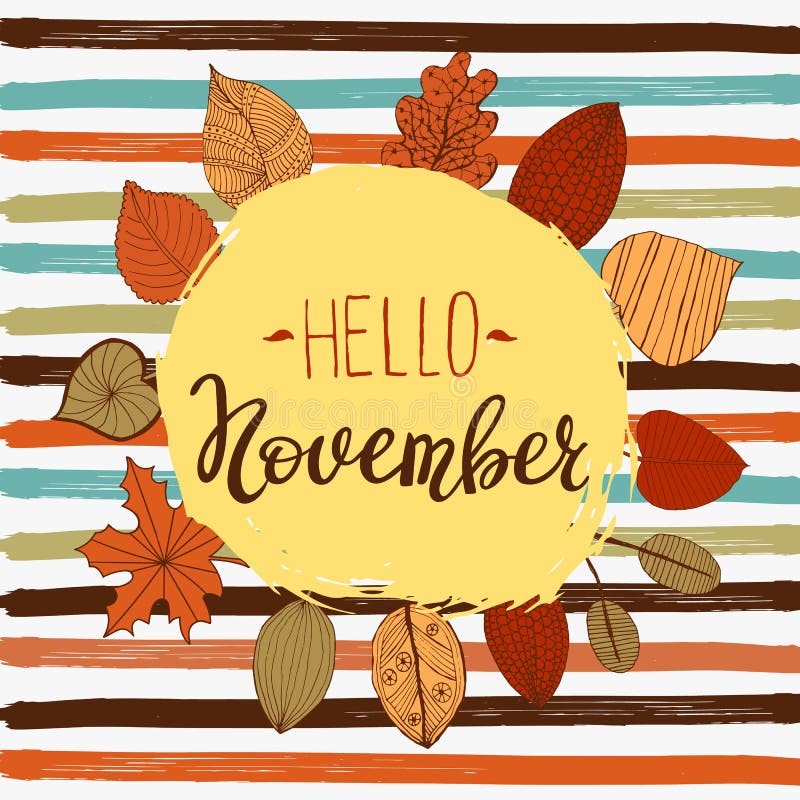 Bonjour calibre d'insecte d'automne de novembre avec le lettrage Feuilles lumineuses d'automne Affiche, carte, label, conception illustration libre de droits Bonjour calibre d'insecte d'automne de novembre avec le lettrage Feuilles lumineuses d'automne Affiche, carte, label, conception illustration libre de droits