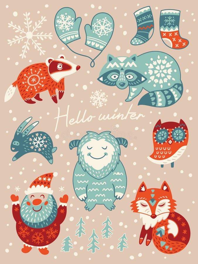 Winter set with santa, yeti, owl, badger and fox. Vector illustration for christmas card. Winter set with santa, yeti, owl, badger and fox. Vector illustration for christmas card