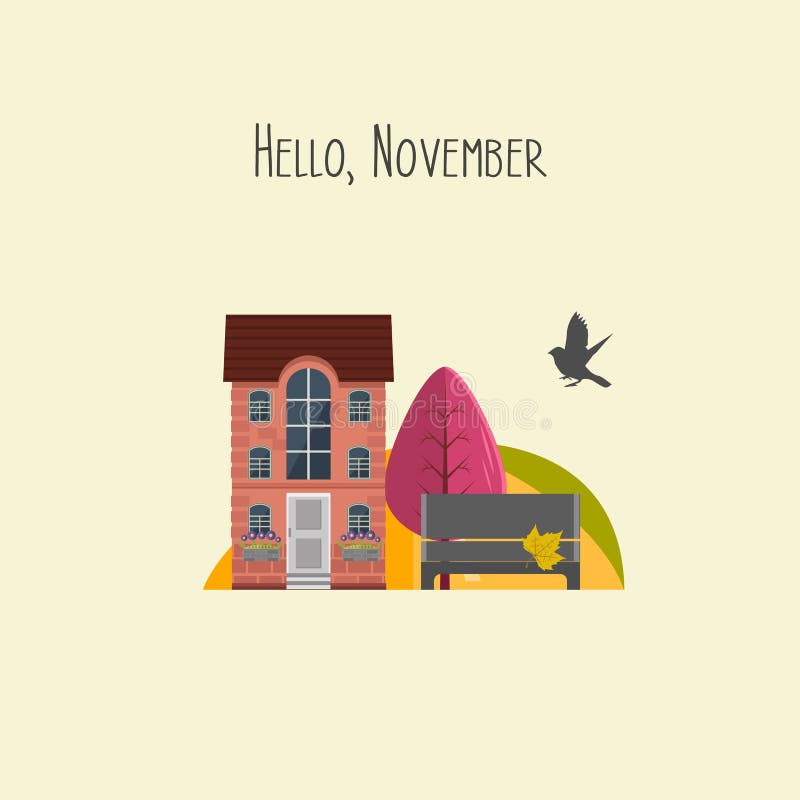 Bonjour novembre Illustration de vecteur Maison colorée mignonne, jardin avec l'arbre d'automne illustration libre de droits Bonjour novembre Illustration de vecteur Maison colorée mignonne, jardin avec l'arbre d'automne illustration libre de droits