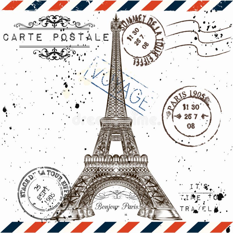 Bonjour Paris Nachahmung der Weinlesepostkarte mit Eiffel-Schleppseil lizenzfreie abbildung
