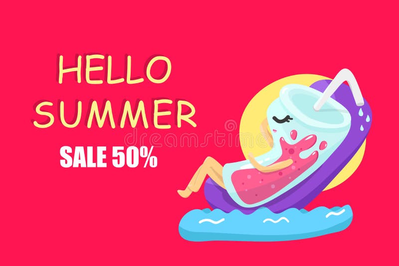 Bonjour promotion des ventes d'été, vacances saisonnières de détente de vacances de bande dessinée en verre de caractères, illust illustration de vecteur Bonjour promotion des ventes d'été, vacances saisonnières de détente de vacances de bande dessinée en verre de caractères, illust illustration de vecteur