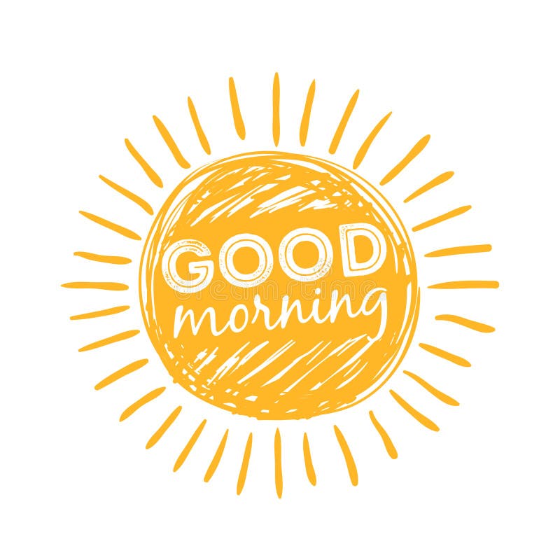 Bonjour Sun Symbole de soleil avec la typographie heureuse de lettrage de matin Illustration de vecteur
