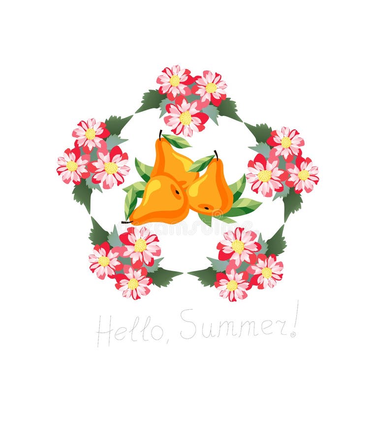 Bonjour, été ! Carte avec les poires savoureuses en guirlande des fleurs illustration de vecteur Bonjour, été ! Carte avec les poires savoureuses en guirlande des fleurs illustration de vecteur