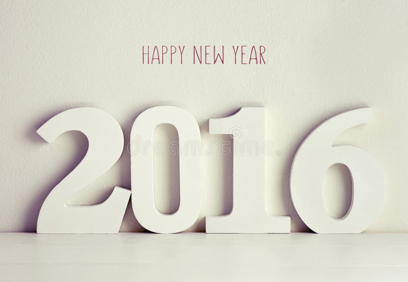 Three-dimensional white numbers forming the number 2016 on a white surface against a white background and the text happy new year written in red. Three-dimensional white numbers forming the number 2016 on a white surface against a white background and the text happy new year written in red