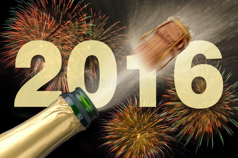 Happy new year 2016 with popping champagne and fireworks at midnight. Happy new year 2016 with popping champagne and fireworks at midnight