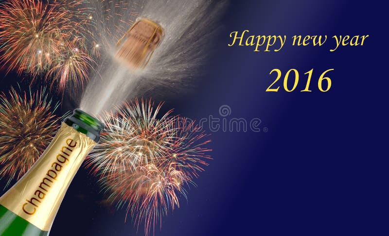 Happy new year 2016 with popping champagne and firework at midnight. Happy new year 2016 with popping champagne and firework at midnight