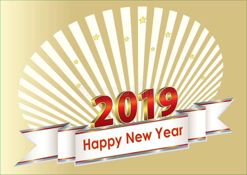 Bonne année 2019 Carte postale avec le ruban décoratif argenté sur le fond des rayons illustration de vecteur Bonne année 2019 Carte postale avec le ruban décoratif argenté sur le fond des rayons illustration de vecteur