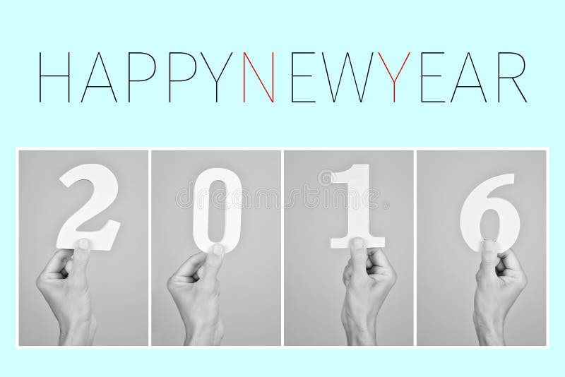 The text happy new year on a blue background and white numbers forming the number 2016 in black and white. The text happy new year on a blue background and white numbers forming the number 2016 in black and white