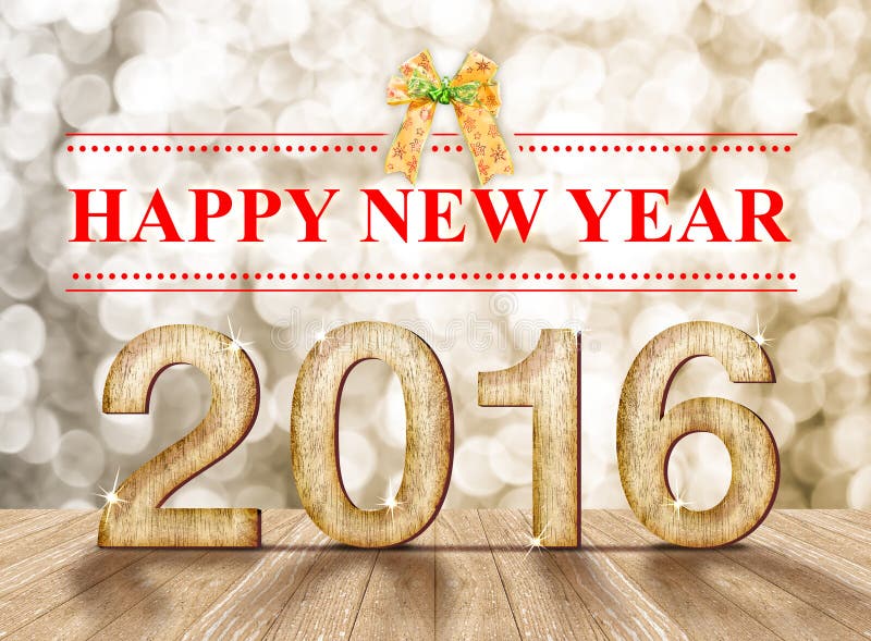 Happy New Year 2016 year wood number in perspective room with sparkling bokeh wall and wooden plank floor. Happy New Year 2016 year wood number in perspective room with sparkling bokeh wall and wooden plank floor.