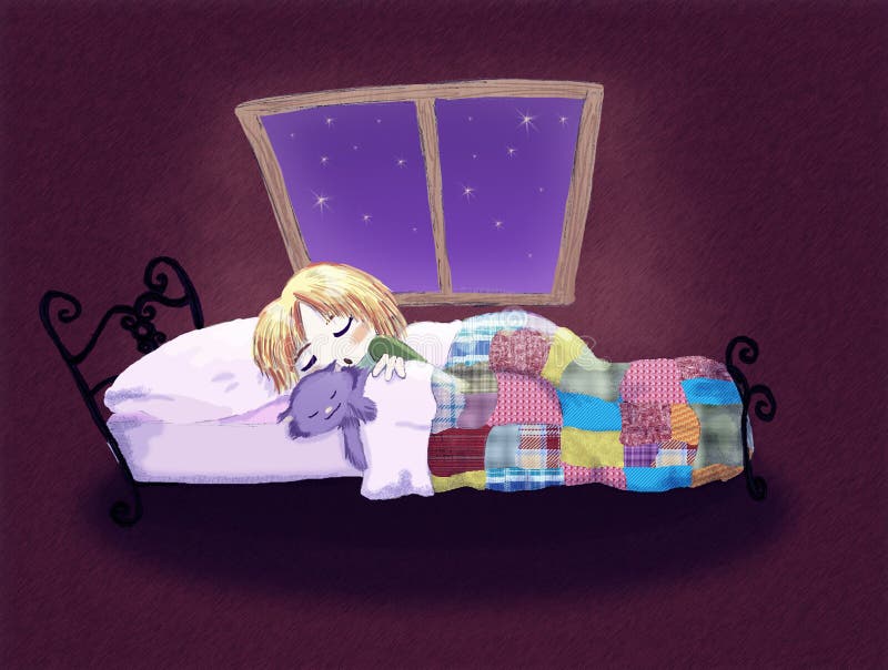 Illustration about a young girl sleeping in her bed with her pet. Illustration about a young girl sleeping in her bed with her pet