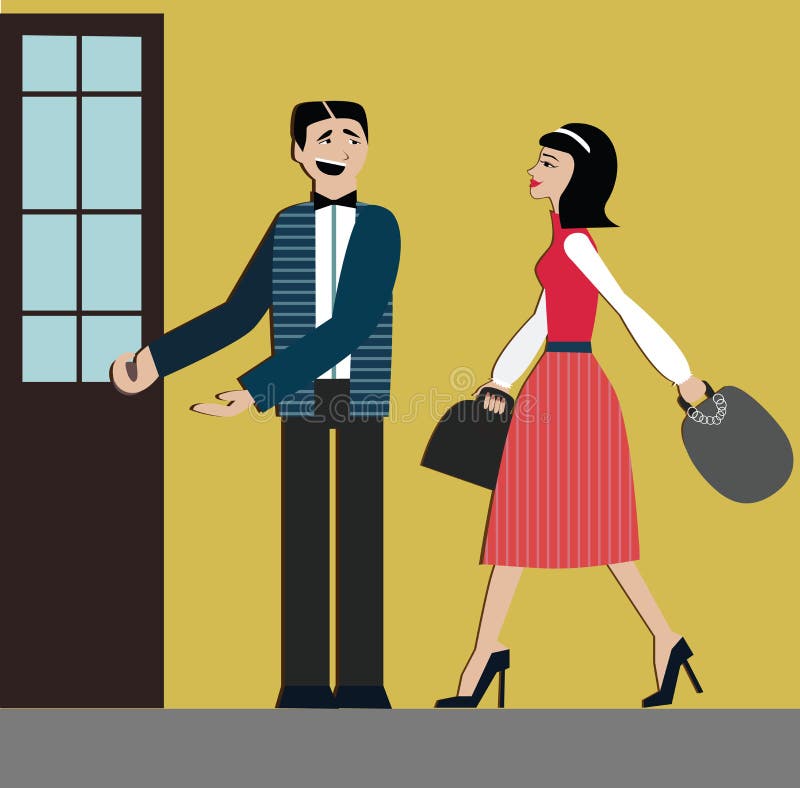 Bonnes façons l'homme ouvrent la porte pour la femme étiquette décorum Femme d'achats robe élégante et collines Femme chinois illustration de vecteur Bonnes façons l'homme ouvrent la porte pour la femme étiquette décorum Femme d'achats robe élégante et collines Femme chinois illustration de vecteur