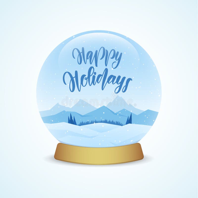 Bonnes fêtes Le globe de neige avec des montagnes d'hiver aménagent en parc d'isolement sur le fond bleu-clair illustration stock Bonnes fêtes Le globe de neige avec des montagnes d'hiver aménagent en parc d'isolement sur le fond bleu-clair illustration stock