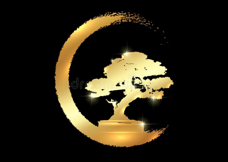 Gold Japanese bonsai tree logo, plant silhouette icons on black background, luxury green ecology, golden silhouette of bonsai
