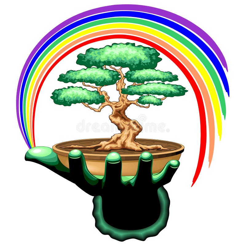 Bonsaiboom en Regenboog op Groene Hand vector illustratie